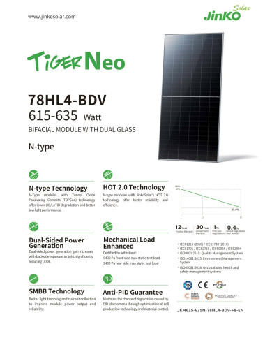 Jinko JKM630N-78HL4-BDV Bifacial 630W MC4-EVO2 (Tiger neo N-Type) Estrutura
